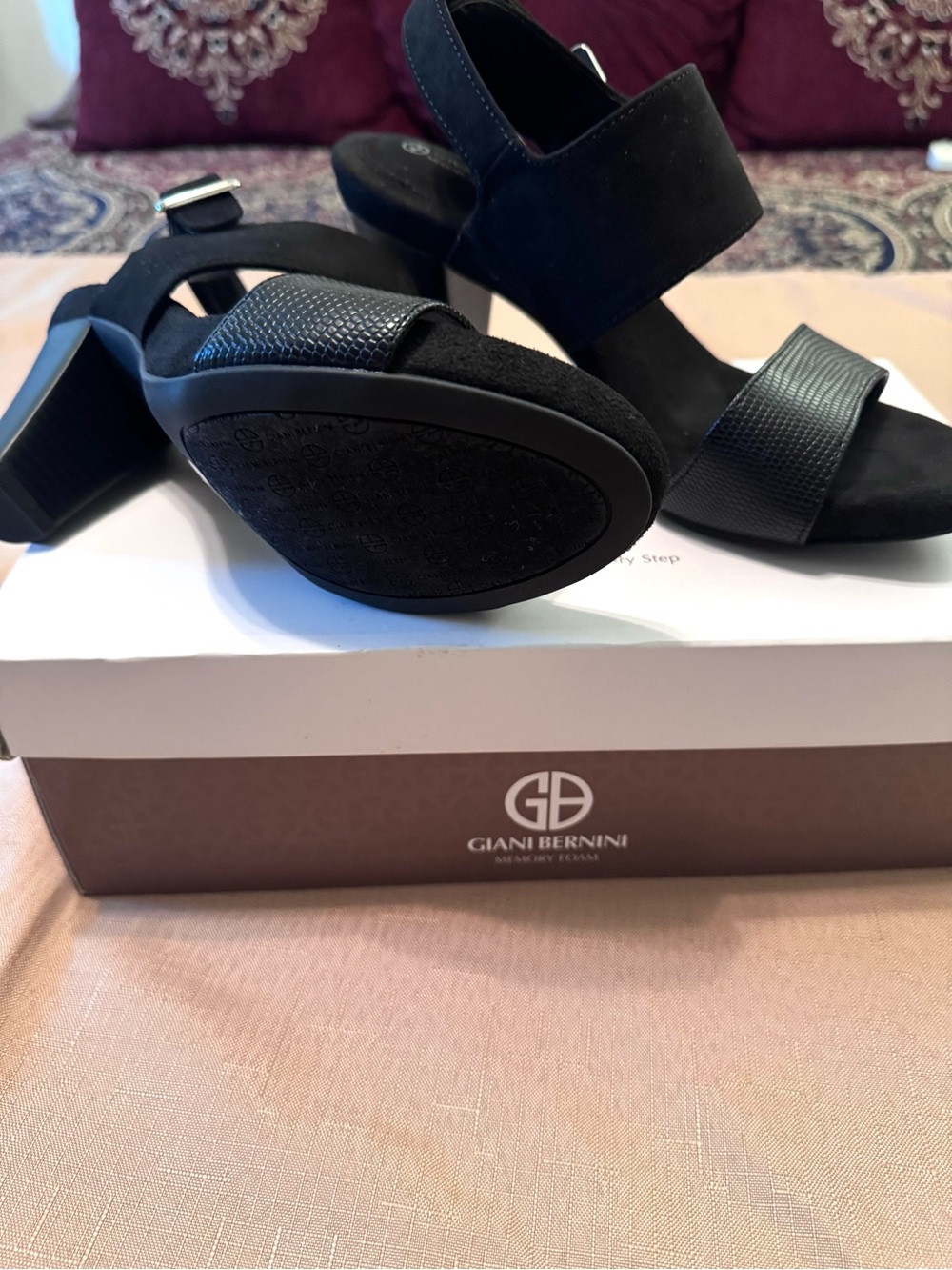 Giani Bernini Black Suede Block Heel Sandals w/ Memory foam. - Picture 8 of 11